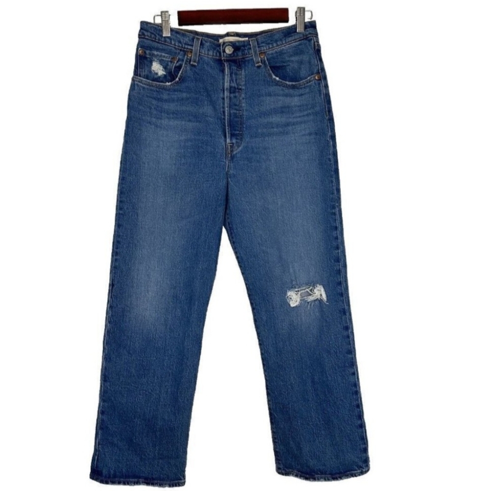 Levi's Ribcage Straight Ankle Blue Jeans Button Fly Size 30 Distressed Boho